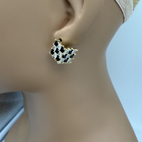 CZ CUBE CHECKERED GOLD STUD EARRINGS - Picture 6 of 6